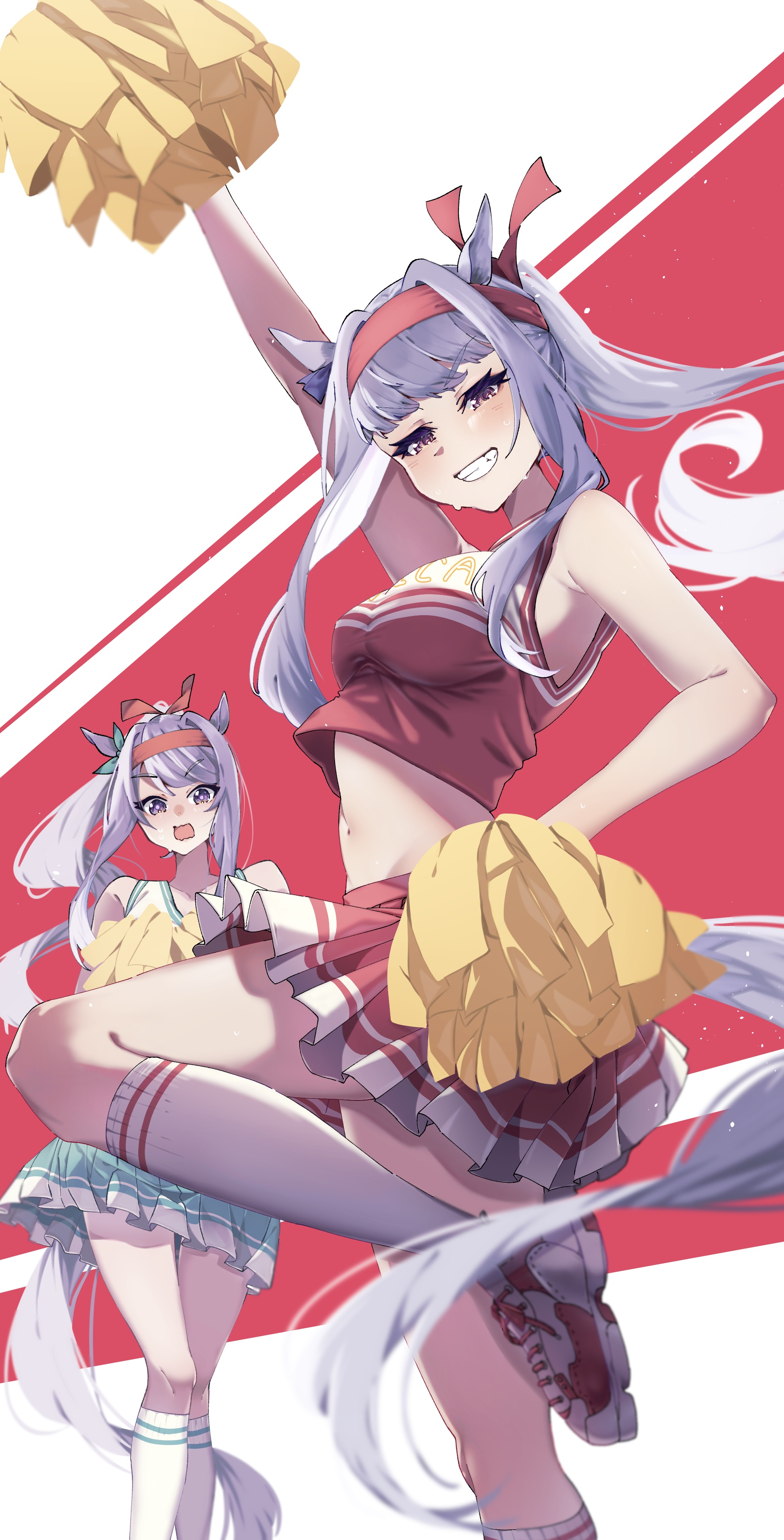 koroeda6, gold ship (umamusume), mejiro mcqueen (umamusume), umamusume, absurdres, highres, 2girls, animal ears, aqua skirt, armpits, bare arms, bare shoulders, blush, cheerleader, grin, hairband, hand on own hip, holding, holding pom poms, horse ears, horse girl, horse tail, kneehighs, long hair, multiple girls, open mouth, pom pom (cheerleading), pom poms, ponytail, purple eyes, purple hair, red hairband, red shoes, red skirt, red tank top, shirt, shoes, sidelocks, skirt, smile, sneakers, socks, standing, standing on one leg, tail, tank top, white shirt, white socks