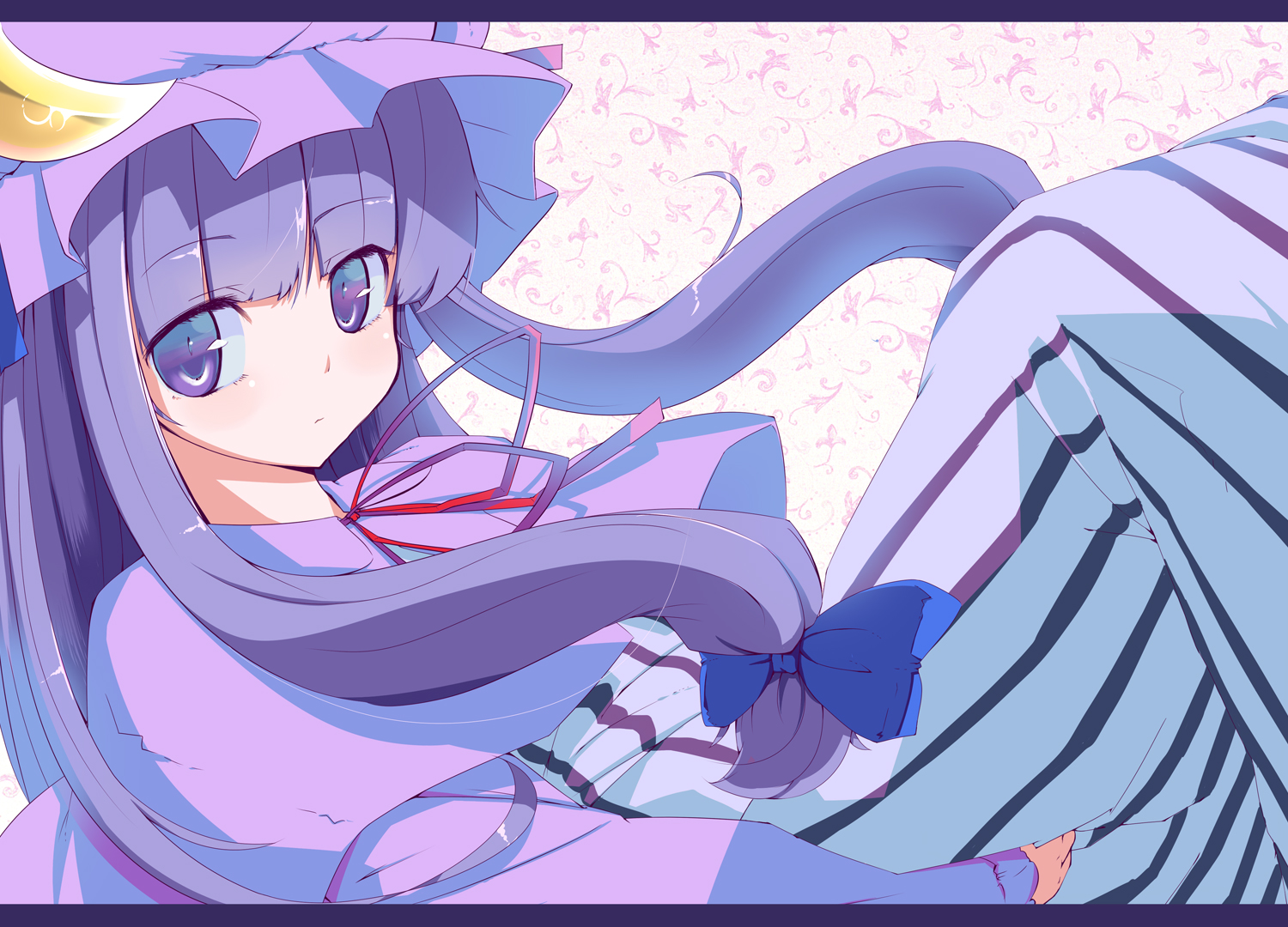 muranisaki, patchouli knowledge, touhou, bad id, bad pixiv id, 1girl, female focus, hat, long hair, lying, purple eyes, purple hair, ribbon, solo