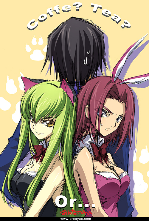 creayus, c.c., kouzuki kallen, lelouch vi britannia, zero (code geass), code geass, 00s, 1boy, 2girls, animal ears, black hair, breasts, cat ears, cleavage, english text, engrish text, fake animal ears, green hair, kittysuit, large breasts, multiple girls, nontraditional playboy bunny, playboy bunny, rabbit ears, ranguage, red hair, scowl, sweatdrop, yellow eyes