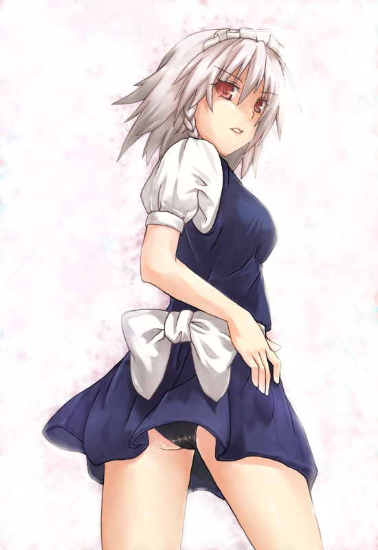 kuku px, izayoi sakuya, touhou, silver hair, 1girl, black panties, braid, breasts, female focus, gradient background, maid, panties, red eyes, solo, underwear, white background