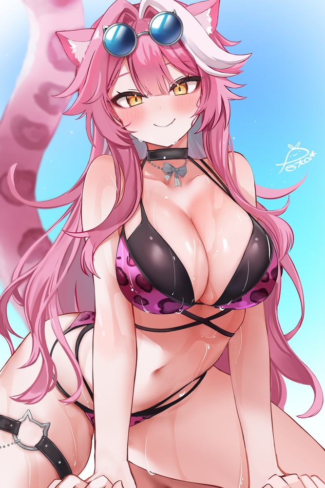 festa11307070, raora panthera, hololive, hololive english, 1girl, animal ears, animal print, bikini, black choker, blue sky, blush, breasts, choker, closed mouth, day, hair intakes, huge breasts, leopard print, leopard print bikini, long hair, looking at viewer, navel, panther ears, panther girl, panther tail, pink bikini, pink hair, pink tail, print bikini, signature, sky, smile, solo, stomach, sunglasses, swimsuit, tail, thighs, virtual youtuber, wet, yellow eyes