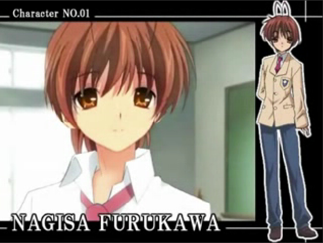 furukawa nagisa, clannad, 00s, 1boy, antenna hair, brown eyes, brown hair, fake screenshot, genderswap, genderswap (ftm), male focus, pixel art, school uniform