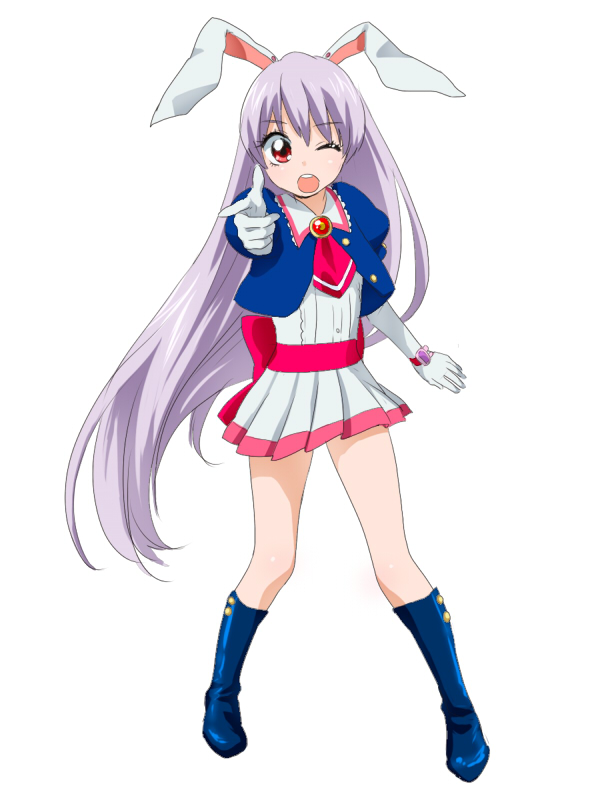machiko (beard), reisen udongein inaba, touhou, bad id, bad pixiv id, 1girl, animal ears, costume, female focus, full body, long hair, one eye closed, purple hair, rabbit ears, red eyes, simple background, solo, standing, white background, wink