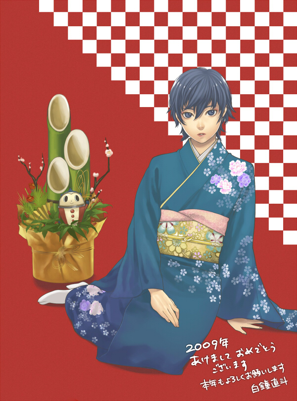 minato (robin), shirogane naoto, atlus, persona, persona 4, bad id, bad pixiv id, 1girl, androgynous, female focus, japanese clothes, kimono, reverse trap, short hair, solo