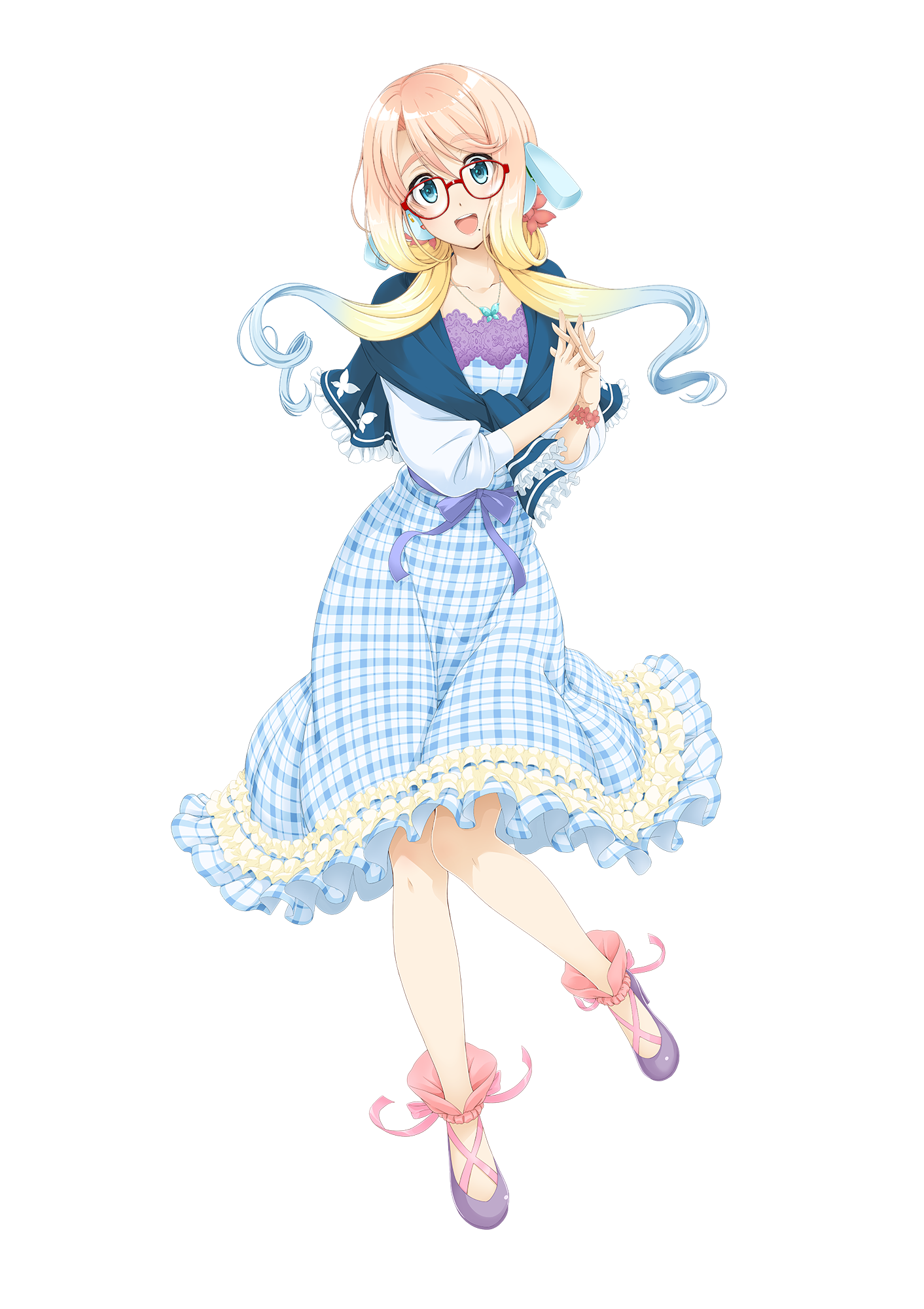umetani atarou, haruno sora, voiceroid, highres, official art, second-party source, 1girl, :d, ankle ribbon, anklet, aqua eyes, asymmetrical bangs, blonde hair, blue cardigan, blue dress, blue hair, bow, bracelet, butterfly hair ornament, butterfly necklace, cardigan, cardigan around neck, collarbone, cross-laced shoes, dress, ear ornament, flower bracelet, frilled anklet, frilled cardigan, frilled dress, frills, full body, glasses, gradient hair, hair ornament, hair over shoulder, head tilt, jewelry, leg ribbon, low ponytail, mechanical ears, medium dress, mole, mole under mouth, multicolored hair, necklace, off-shoulder dress, off shoulder, open mouth, orange hair, own hands together, pigeon-toed, pink ribbon, plaid clothes, plaid dress, ponytail, puffy sleeves, purple sash, purple shoes, red-framed eyewear, ribbon, ringlets, sash, shoes, sidelocks, sidelocks tied back, smile, solo, split ponytail, standing, standing on one leg, tachi-e, teeth, thick eyebrows, three-quarter sleeves, transparent background, upper teeth only, waist bow