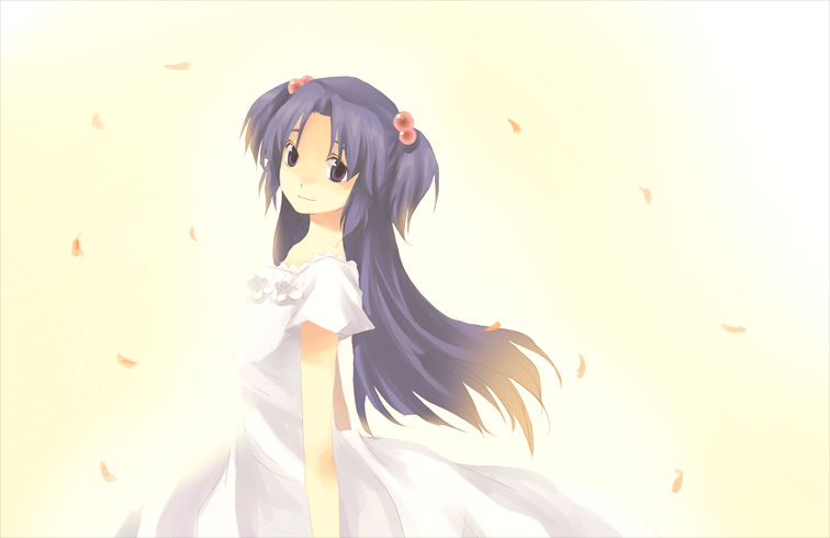 jouji, ichinose kotomi, clannad, 00s, 1girl, blue eyes, blue hair, dress, female focus, hair bobbles, hair ornament, long hair, matching hair/eyes, solo, twintails, two side up