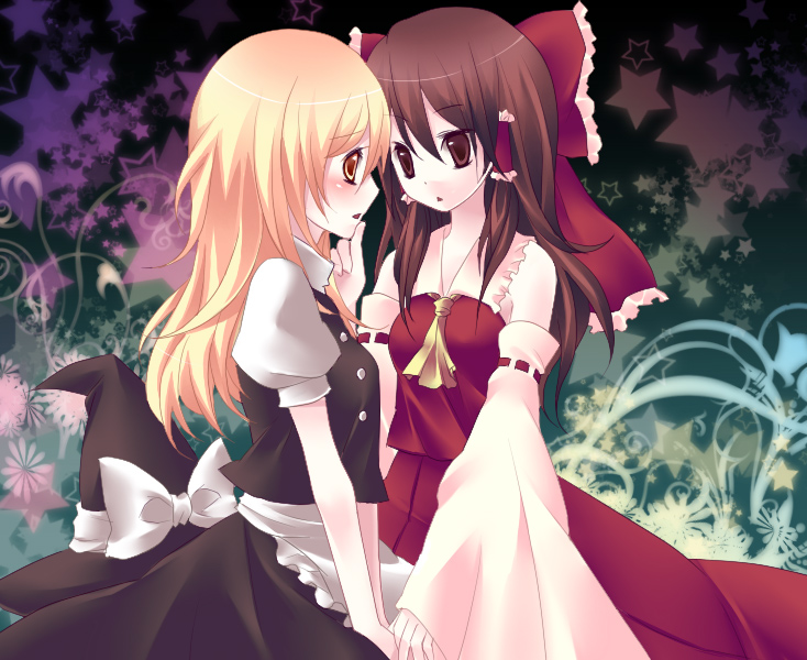tepengu, hakurei reimu, kirisame marisa, touhou, bad id, bad pixiv id, 2girls, blonde hair, blush, female focus, multiple girls, tepeng