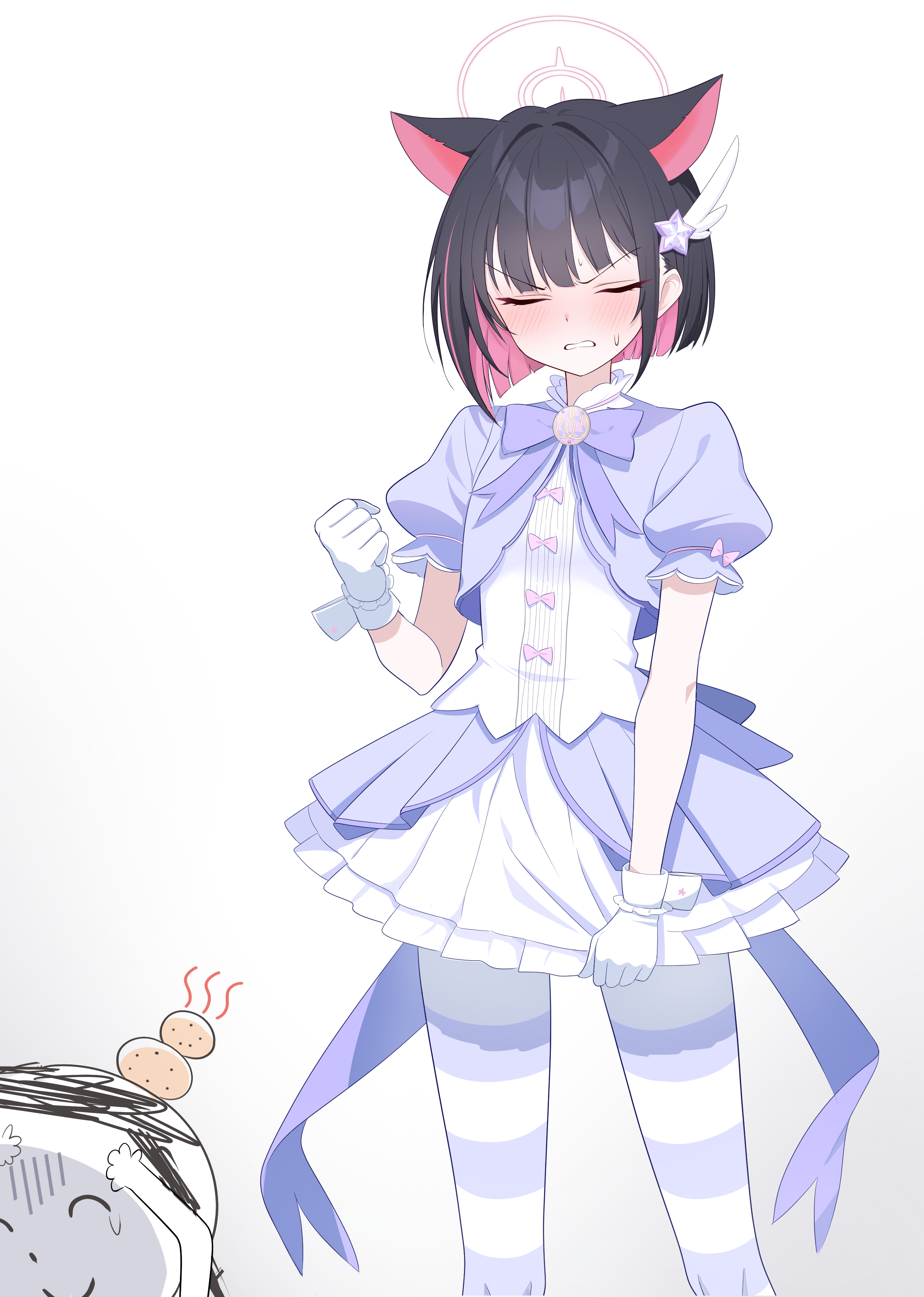 sonoda 345, doodle sensei (blue archive), kazusa (blue archive), reisa (blue archive), reisa (magical) (blue archive), sensei (blue archive), blue archive, absurdres, highres, animal ears, black hair, breasts, cat ears, cat girl, closed eyes, dress, gloves, gradient background, medium hair, multicolored hair, pantyhose, pink hair, purple dress, purple pantyhose, small breasts, striped clothes, striped pantyhose, thighs, two-tone dress, two-tone hair, two-tone pantyhose, white dress, white gloves, white pantyhose