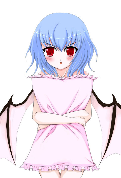 remilia scarlet, touhou, 1girl, blue hair, blush, female focus, frilled pillow, frills, hugging object, pillow, pillow hug, red eyes, solo, wings