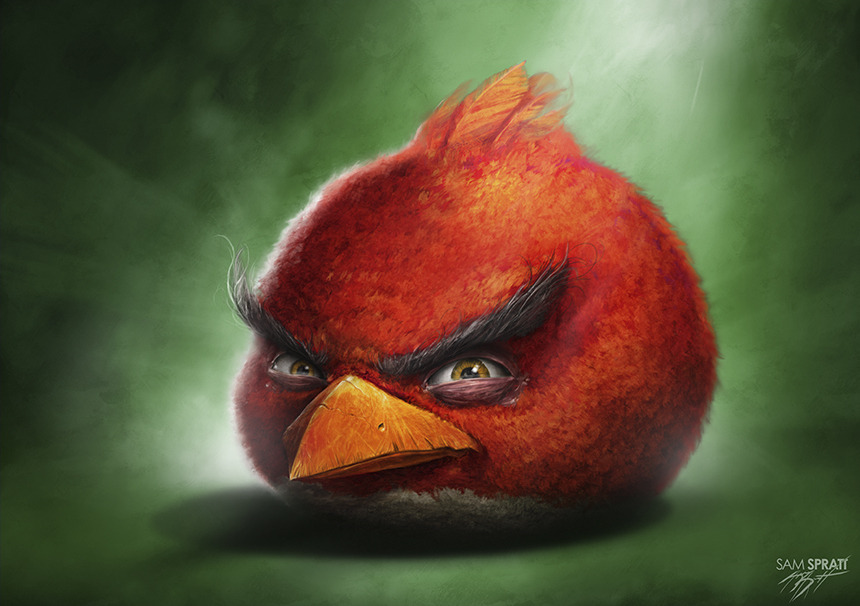 sam spratt, red (angry birds), angry birds, 1boy, angry, animal focus, artist name, beak, bird, brown eyes, feathers, full body, green background, looking at viewer, realistic, red feathers, signature, solo, thick eyebrows