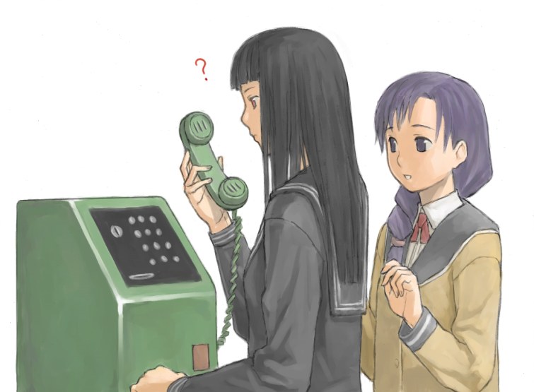 b suke, hirasaka hatsune, miyama kanako, atlach-nacha, 2girls, ?, corded phone, multiple girls, payphone, phone, white background