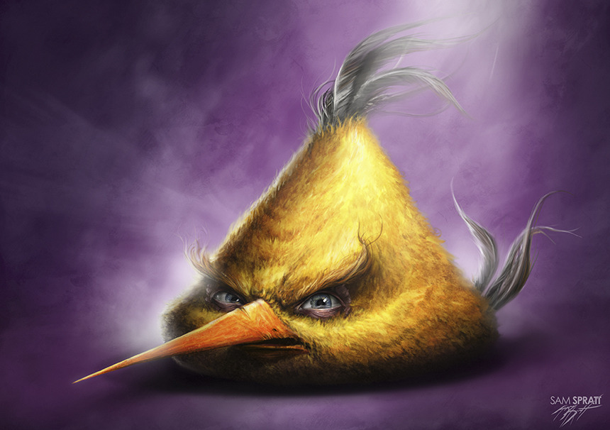sam spratt, chuck (angry birds), angry birds, 1boy, angry, animal focus, artist name, bird, blue eyes, feathers, full body, green background, long beak, looking at viewer, purple background, realistic, signature, solo, triangle, yellow feathers