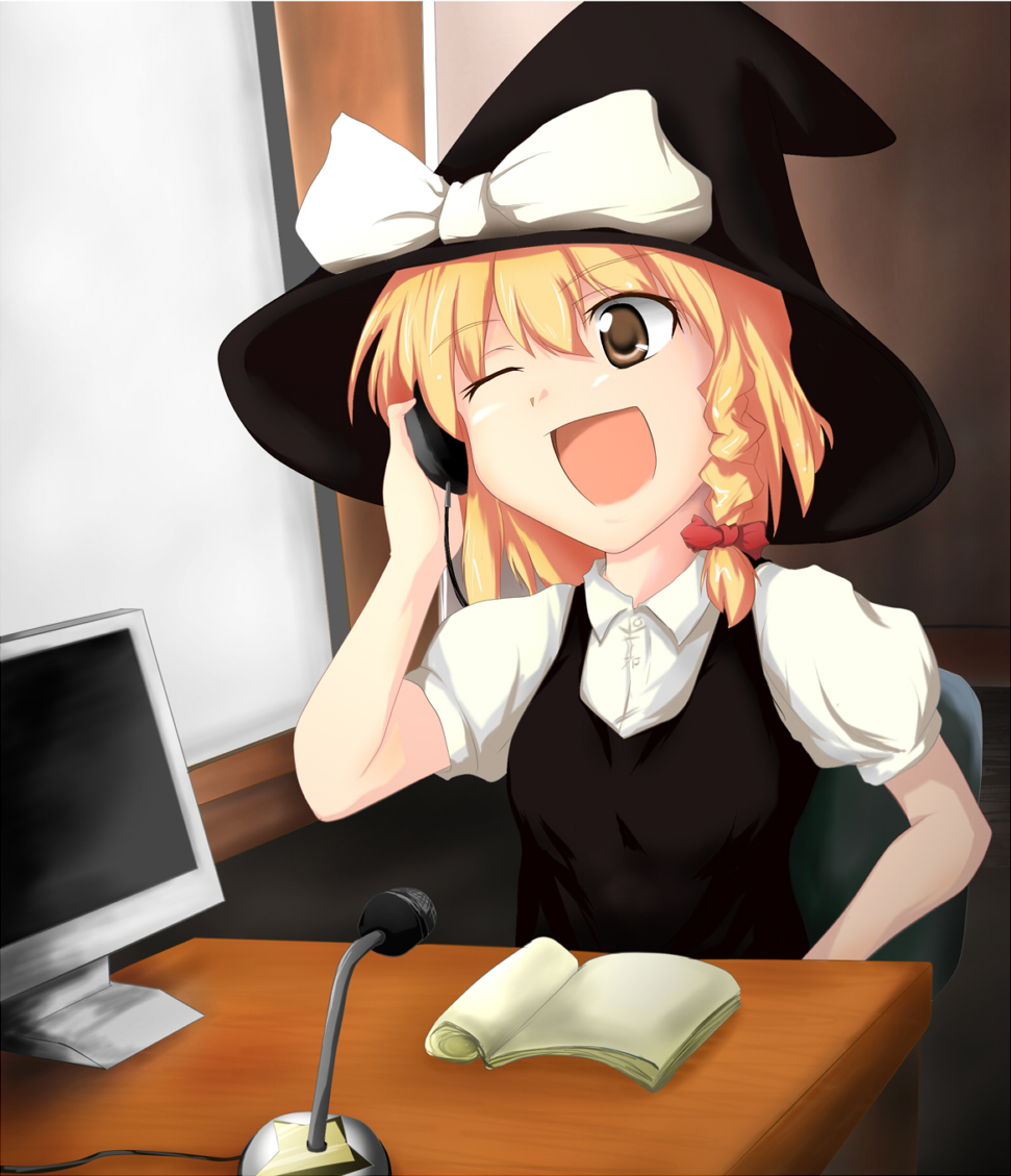 beegle, kirisame marisa, touhou, bad id, bad pixiv id, 1girl, blonde hair, braid, computer, corded phone, female focus, hat, indoors, microphone, one eye closed, phone, radio booth, solo, talking on phone, wink