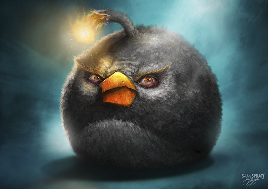 sam spratt, bomb (angry birds), angry birds, 1boy, angry, animal focus, artist name, beak, bird, black feathers, blue background, bomb, explosive, feathers, full body, lit fuse, looking at viewer, orange eyes, realistic, signature, solo