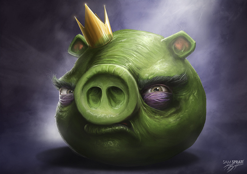 sam spratt, angry birds, 1boy, animal focus, artist name, colored skin, crown, full body, gold crown, green skin, grey background, grey eyes, king pig, looking at viewer, mini crown, pig, pig snout, realistic, signature, solo, thick eyebrows