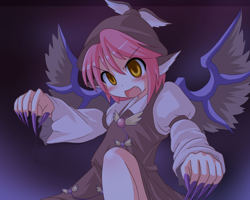 des (namaasi), mystia lorelei, touhou, 1girl, animal ears, fang, female focus, fingernails, hat, long fingernails, nail (hardware), pink hair, short hair, solo, wings