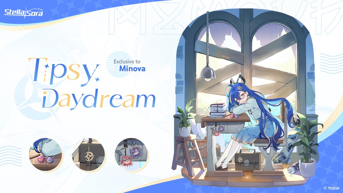 minova (stella sora), stella sora, commentary, english commentary, official art, 1girl, ahoge, black-framed eyewear, black shoes, blonde hair, blue hair, blue sailor collar, blue skirt, boarded windows, book, book stack, ceiling light, chair, desk, full body, glasses, hair ornament, leaning on table, loafers, long hair, medium skirt, minova (tipsy daydream) (stella sora), multicolored hair, official alternate costume, on chair, pantyhose, plant, pleated skirt, potted plant, purple eyes, sailor collar, school chair, school desk, school uniform, semi-rimless eyewear, serafuku, shoes, sitting, skirt, streaked hair, under-rim eyewear, very long hair, white pantyhose