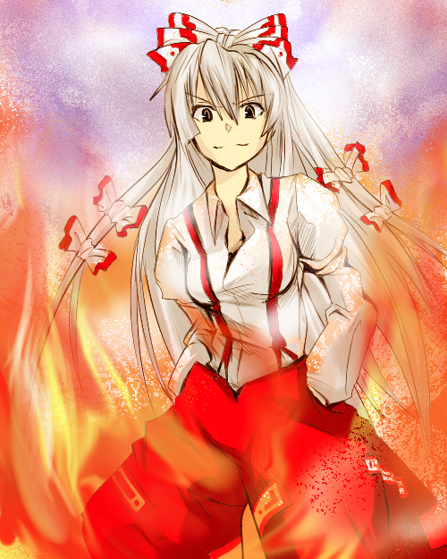 babel, babel99, fujiwara no mokou, touhou, 1girl, brown eyes, female focus, fire, solo