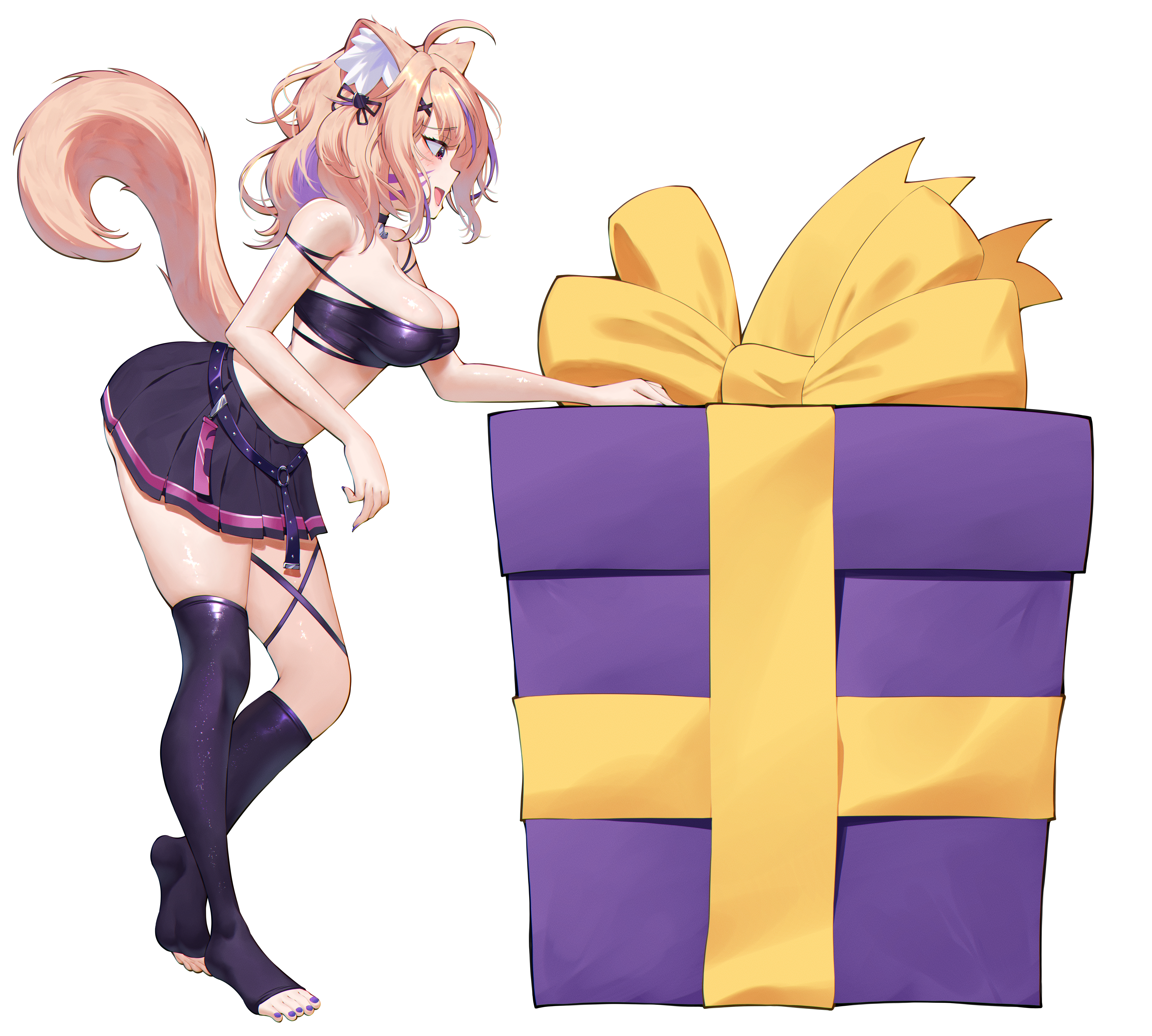 himeliofon, shyrei faolan, indie virtual youtuber, absurdres, highres, 1girl, :d, ahoge, animal ear fluff, animal ears, bandeau, bare shoulders, black choker, black skirt, black thighhighs, blonde hair, box, breasts, cat ears, cat tail, choker, cleavage, facial mark, full body, gift, gift box, midriff, miniskirt, multicolored hair, nail polish, open mouth, pleated skirt, purple hair, purple nails, short hair, simple background, skirt, smile, solo, standing, strap slip, streaked hair, tail, thighhighs, thighs, toenail polish, toenails, whisker markings, white background