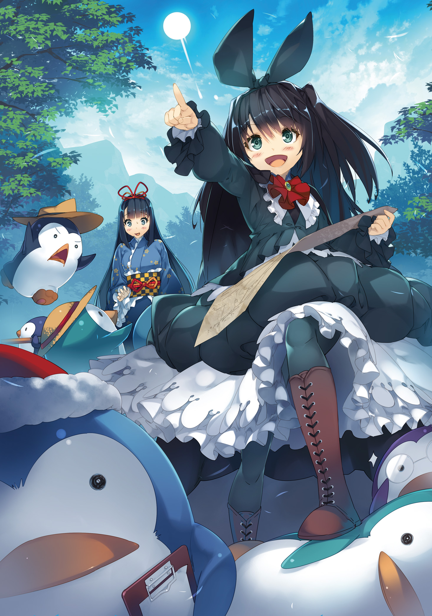 ueda ryou, original, commentary request, highres, 2girls, :d, bird, black hair, black hairband, black shirt, black skirt, blue eyes, blue kimono, blue sky, boots, bow hairband, brown boots, day, hairband, holding, holding map, japanese clothes, kimono, lace-up boots, long hair, long sleeves, looking ahead, map, mountain, multiple girls, open mouth, outdoors, penguin, pointing, pointing forward, shirt, skirt, sky, smile, sun, sweatdrop, tree, two side up