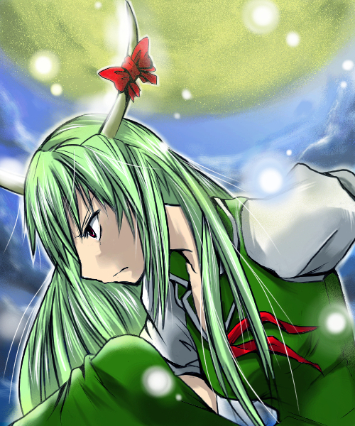 babel, babel99, ex-keine, kamishirasawa keine, touhou, 1girl, female focus, horns, moon, night, solo