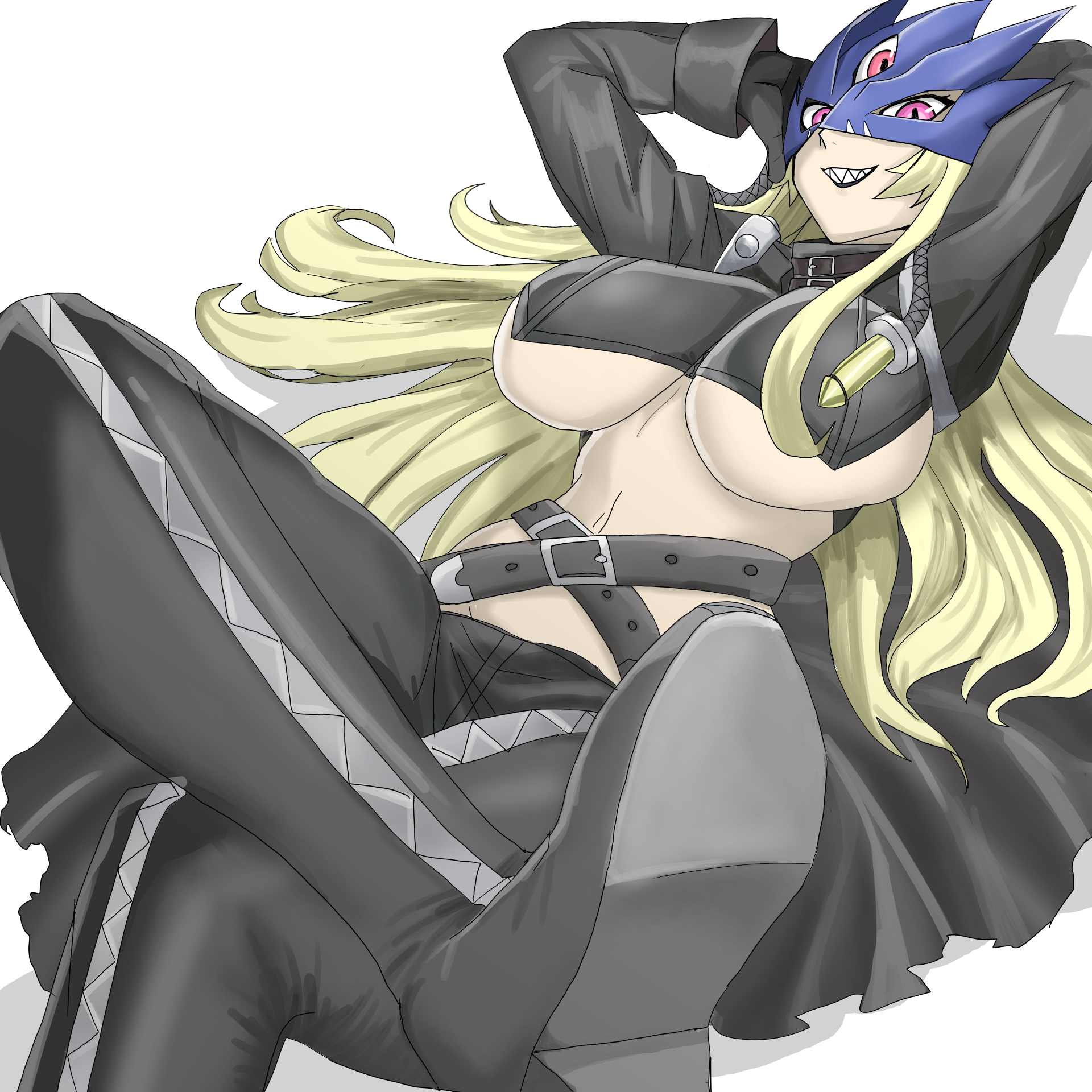 beelstarmon, digimon, commentary request, highres, partial commentary, 1girl, arms behind head, belt, black belt, black boots, black coat, black gloves, black mask, black pants, black vest, blonde hair, boots, breasts, coat, cropped vest, crossed legs, digimon (creature), eye mask, gloves, grin, kamo no torimei, large breasts, leather, leather pants, lipstick, long hair, looking at viewer, lying, makeup, mask, navel, on back, open clothes, open coat, pants, purple eyes, purple lips, shadow, sharp teeth, sidelocks, simple background, sitting, smile, solo, stomach, teeth, third eye, tight clothes, tight pants, underboob, vest, white background