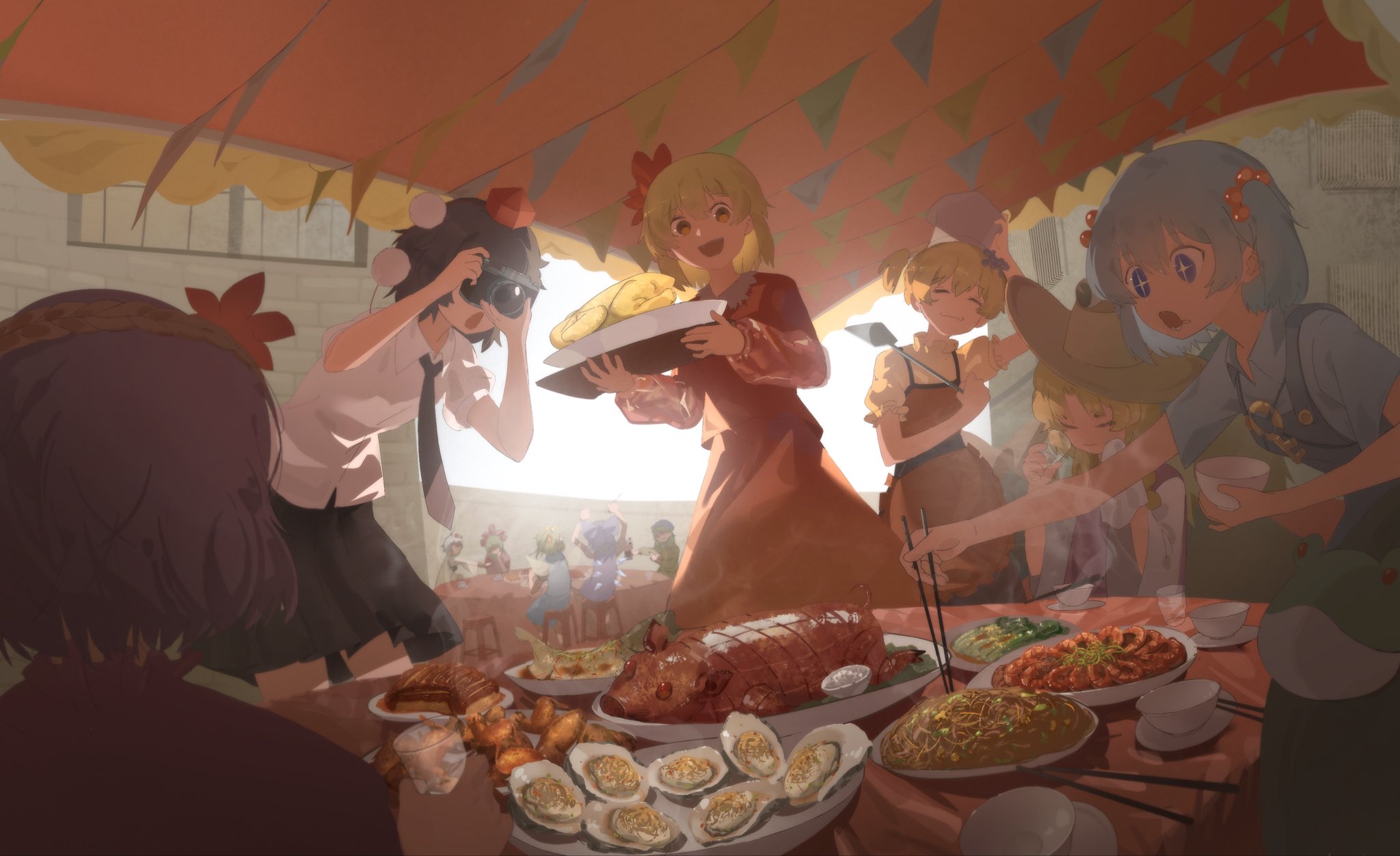 kinoko (kino2435006), aki minoriko, aki shizuha, cirno, daiyousei, inubashiri momiji, kagiyama hina, kawashiro nitori, moriya suwako, shameimaru aya, yamashiro takane, yasaka kanako, touhou, highres, + +, 6+girls, black hair, blonde hair, blue hair, bowl, camera, chopsticks, dress, food, holding, holding bowl, holding camera, holding chopsticks, holding food, multiple girls, purple hair, red dress, shell, shirt, short hair, smile, white shirt