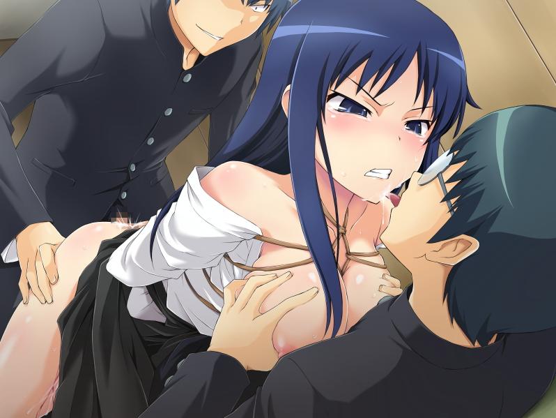aquamu, kanou sumire, kitamura yuusaku, takasu ryuuji, toradora!, game cg, jpeg artifacts, 00s, 1girl, 2boys, anal, angry, bdsm, blood, blue eyes, blue hair, blush, bondage, bound, breasts, censored, defloration, double penetration, glasses, group sex, large breasts, long hair, mmf threesome, mosaic censoring, multiple boys, multiple penetration, nipples, rape, sex, shibari, tears, threesome