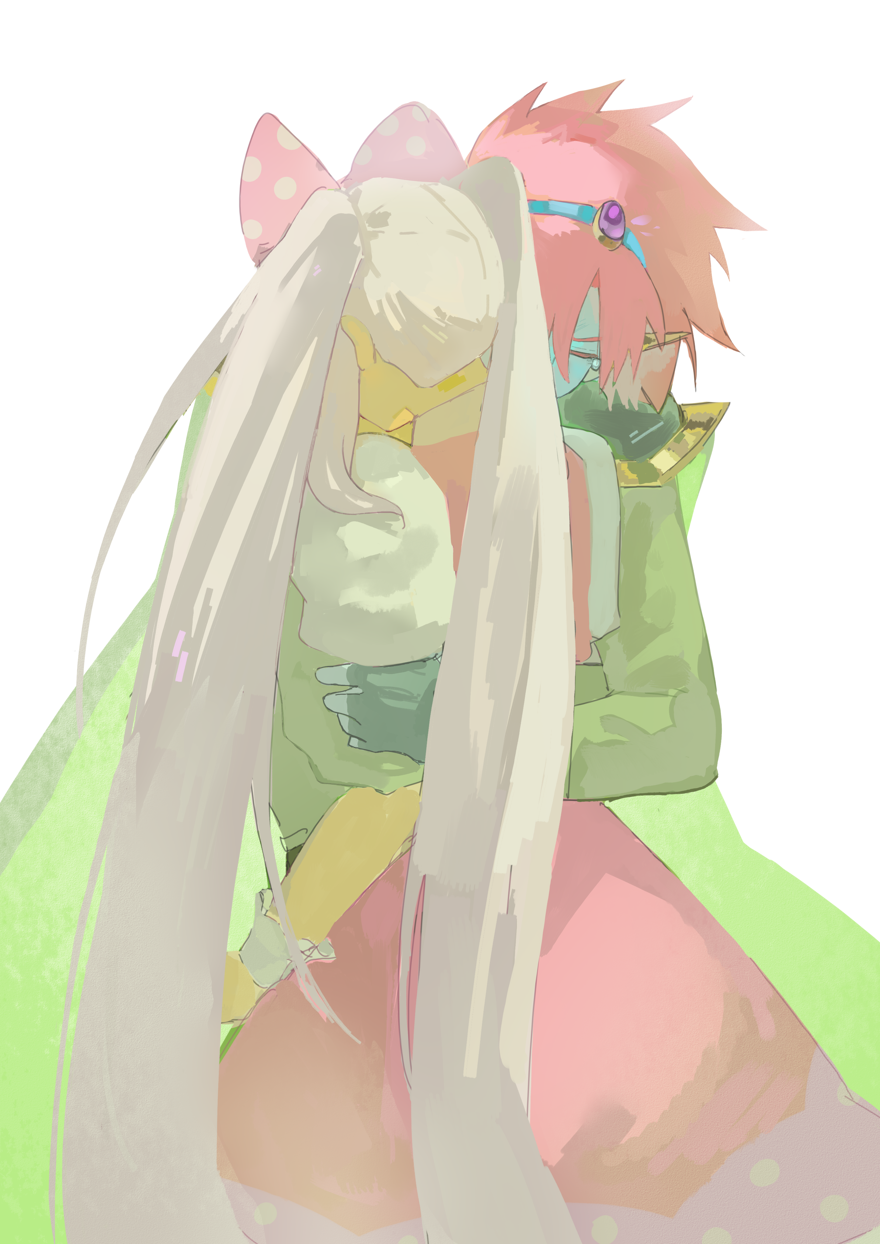 coajvejdgi1508, captain spaceboy, sweetheart (omori), omori, absurdres, chinese commentary, commentary request, highres, 1boy, 1girl, alternate hair color, armor, black gloves, blue hairband, blue skin, bow, cape, closed eyes, collared shirt, colored skin, covered mouth, cowboy shot, dress, fingerless gloves, from behind, gloves, green cape, green shirt, grey hair, hair bow, hairband, hug, long hair, long sleeves, pink bow, pink dress, pink hair, polka dot, polka dot bow, polka dot dress, puffy short sleeves, puffy sleeves, shirt, short hair, short sleeves, shoulder armor, simple background, sleeveless, sleeveless dress, standing, tearing up, twintails, u u, very long hair, white background, white shirt