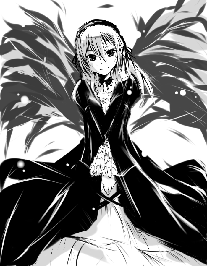 babel, babel99, suigintou, rozen maiden, 00s, 1girl, dress, female focus, frilled sleeves, frills, greyscale, hairband, lolita hairband, long sleeves, looking back, monochrome, simple background, solo, white background