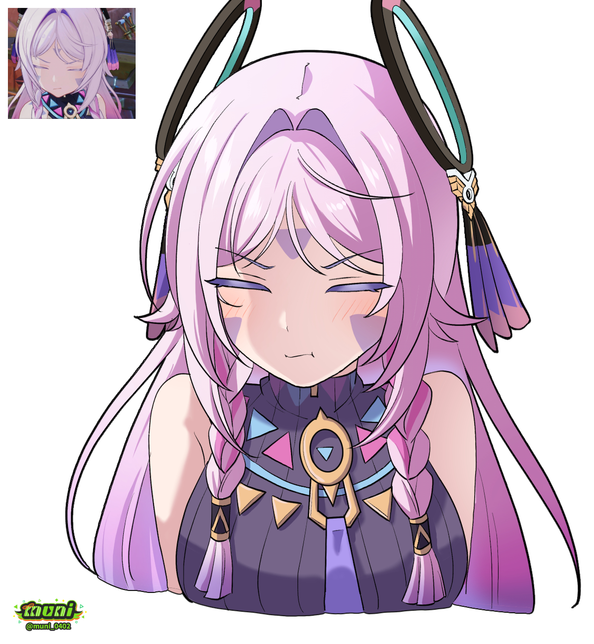 muni (0402), citlali (genshin impact), genshin impact, highres, 1girl, :t, bare shoulders, closed eyes, colored eyelashes, facial mark, forehead mark, hair intakes, multiple views, pink hair, ring hair ornament, simple background, sleeveless, upper body, white background