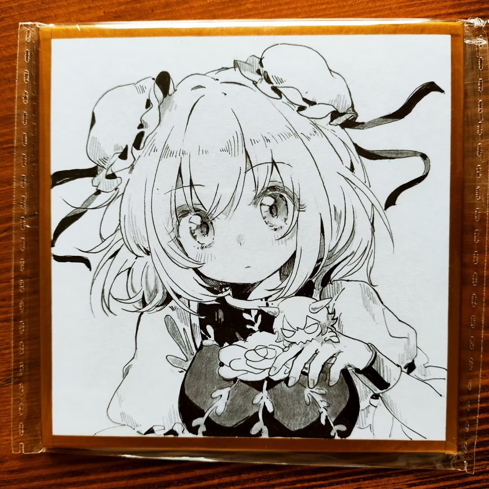 youshouhaoxianzhe, ibaraki kasen, touhou, highres, traditional media, 1girl, blush, closed mouth, dress, greyscale, monochrome, shikishi, short hair, short sleeves, solo