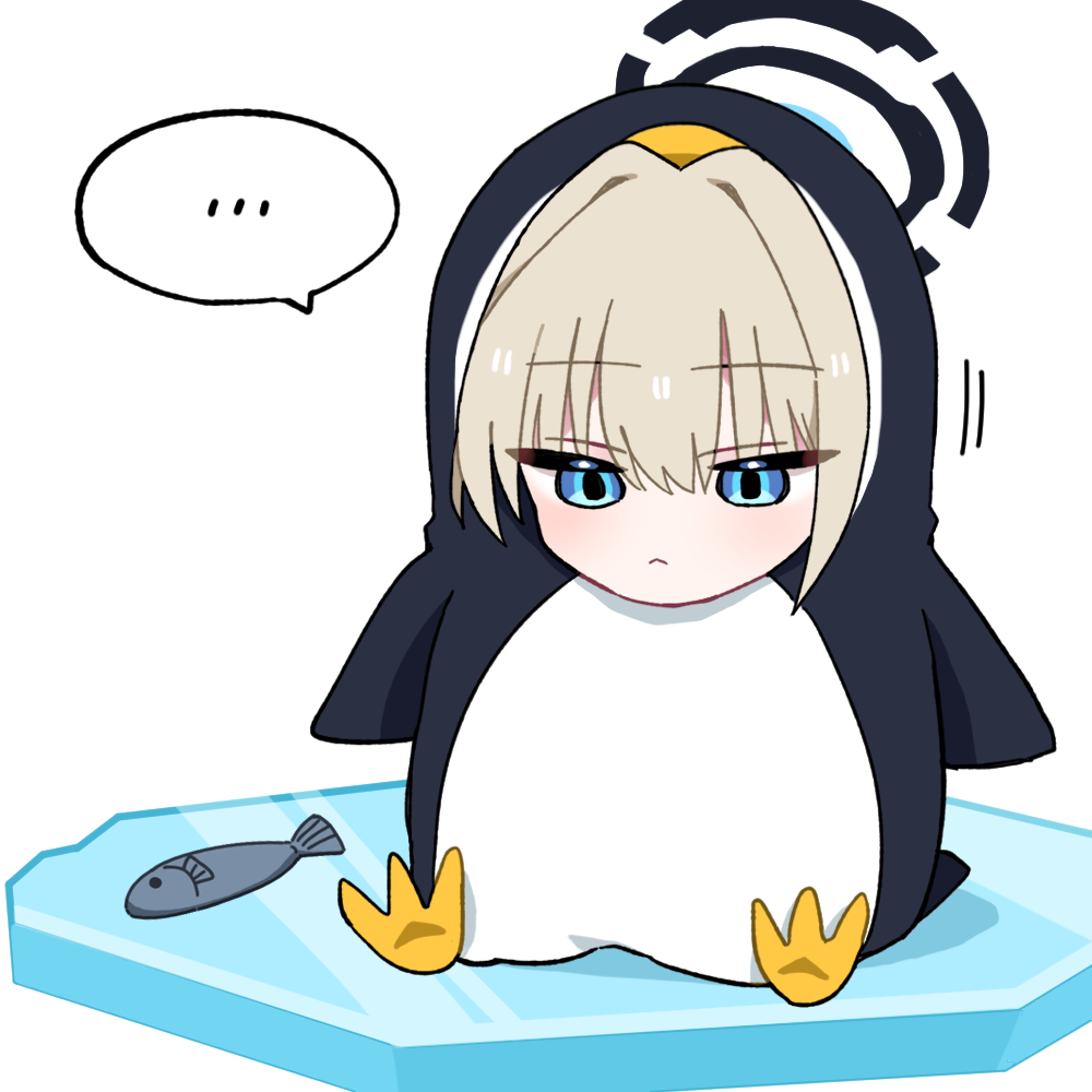 jamongssui, toki (blue archive), blue archive, …, 1girl, animal costume, blonde hair, blue eyes, blush, cosplay, fish, halo, ice floe, kigurumi, penguin costume, simple background, sitting, solo, speech bubble, spoken ellipsis, white background