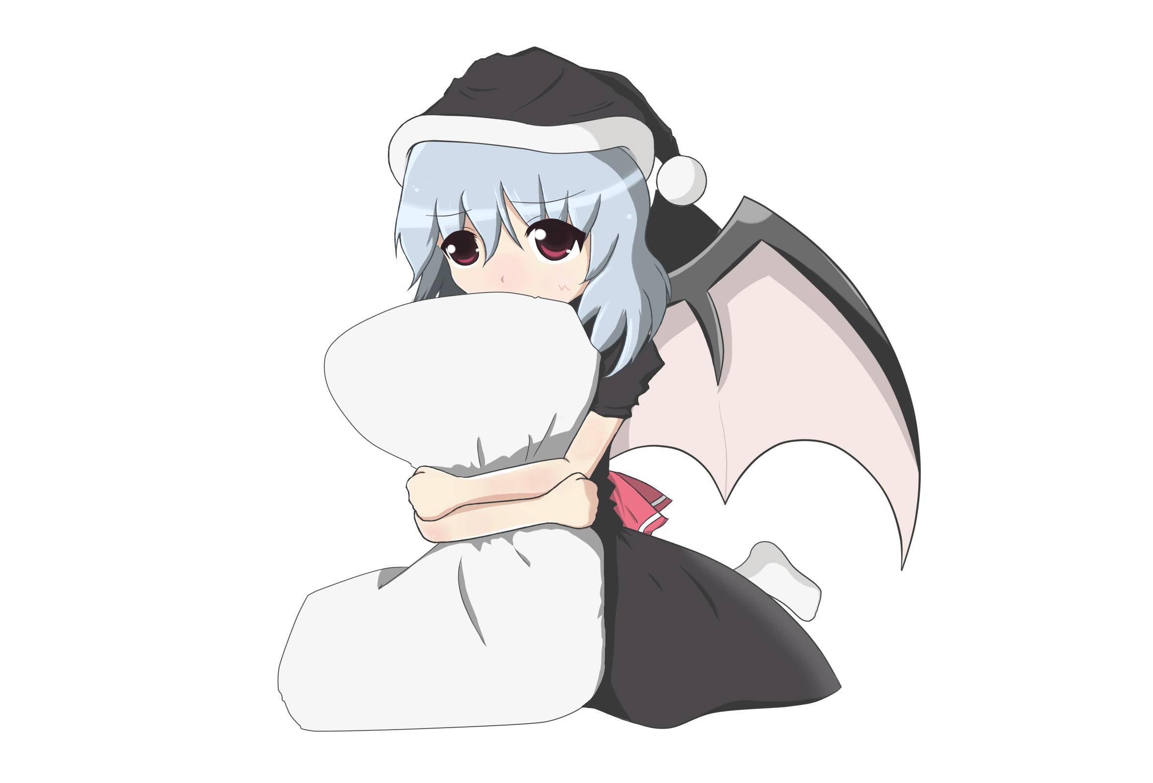 remilia scarlet, touhou, highres, 1girl, alternate costume, female focus, hat, hugging object, pillow, pillow hug, simple background, solo, white background, wings