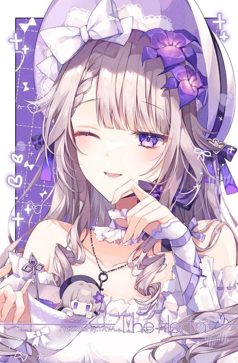taya oco, herta (honkai: star rail), herta (puppet) (honkai: star rail), the herta (honkai: star rail), honkai: star rail, honkai (series), bad id, bad twitter id, highres, 1girl, alternate costume, artist name, bare shoulders, bow, brown hair, character name, english text, flower, hair bow, hair flower, hair ornament, hand up, hat, jewelry, key, key necklace, long sleeves, looking at viewer, necklace, one eye closed, parted lips, purple eyes, purple flower, smile, solo, upper body, white bow, white hat