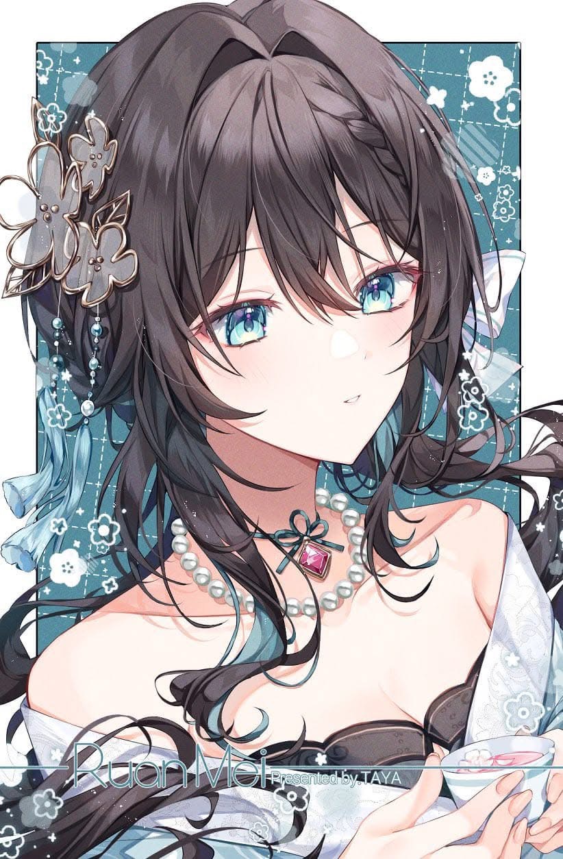 taya oco, ruan mei (honkai: star rail), honkai: star rail, honkai (series), bad id, bad twitter id, highres, 1girl, alternate costume, artist name, bare shoulders, bead necklace, beads, black hair, bow, breasts, character name, cleavage, cup, english text, gem, green eyes, green hair, hair between eyes, hair bow, hair ornament, holding, holding cup, jewelry, long hair, long sleeves, looking to the side, multicolored hair, necklace, parted lips, smile, solo, tassel, two-tone hair, upper body, white bow