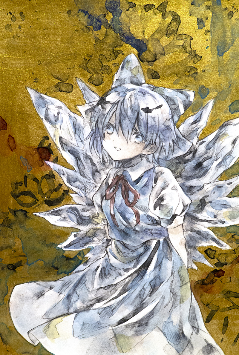 ikeda ruriko, cirno, touhou, commentary request, traditional media, 1girl, blue bow, blue dress, blue eyes, blue hair, bow, collared shirt, dress, fairy, hair between eyes, hair bow, ice, ice wings, open mouth, shirt, short hair, short sleeves, solo, white shirt, wings