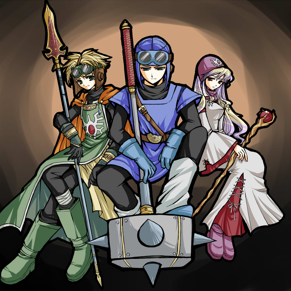mit, mit (mitn), prince of lorasia, prince of samantoria, princess of moonbrook, chunsoft, dragon quest, dragon quest ii, enix, square enix, 1980s (style), 1girl, 2boys, goggles, hood, mace, multiple boys, oldschool, polearm, spear, staff, weapon