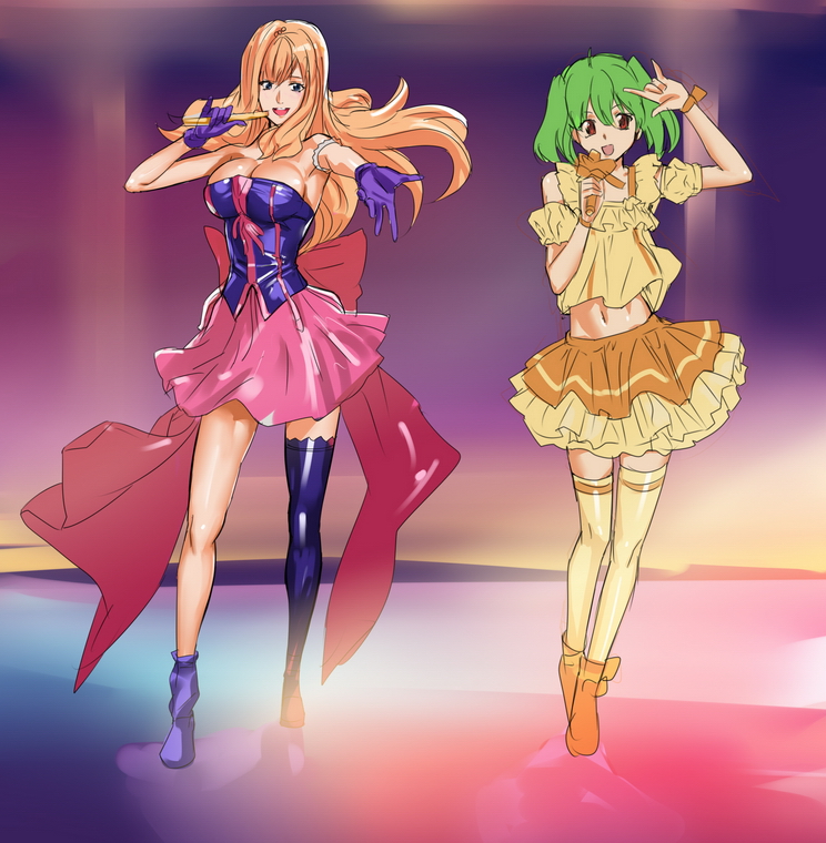 makacoon, ranka lee, sheryl nome, macross, macross frontier, yellow legwear, 00s, 2girls, m/, asymmetrical clothes, breasts, dress, huge breasts, large breasts, legs, long legs, microphone, multiple girls, music, orange dress, orange skirt, seikan hikou, singing, single thighhigh, skirt, thighhighs, thighs, zettai ryouiki