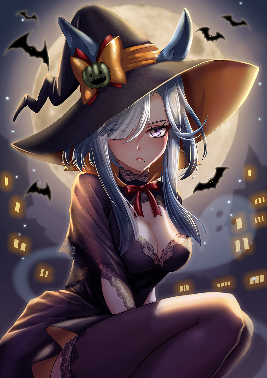 otono (bkt4b), admire groove (umamusume), umamusume, commentary request, highres, 1girl, alternate costume, animal ears, blue hair, blunt bangs, blush, breasts, cleavage, closed mouth, collarbone, ghost, hair between eyes, hair ornament, halloween costume, hat, horse ears, horse girl, mole, mole under eye, moon, night, ribbon, sky, solo, thighhighs, witch hat
