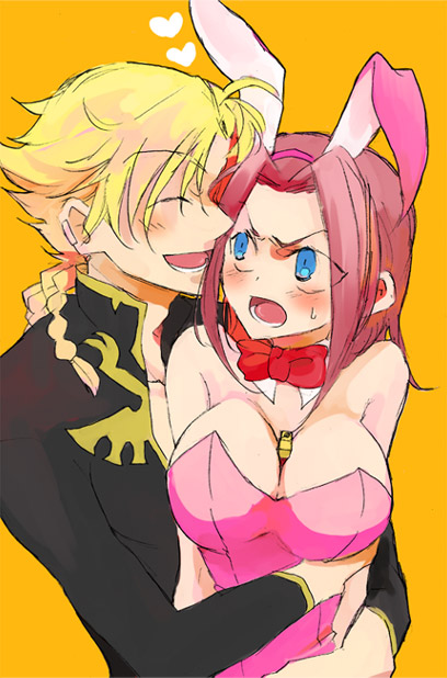 inu neko, inuneko (dcwn), gino weinberg, kouzuki kallen, code geass, 00s, 1boy, 1girl, animal ears, between breasts, blonde hair, blue eyes, blush, breasts, cleavage, closed eyes, embarrassed, fake animal ears, happy, heart, hetero, holding, hug, hug from behind, large breasts, pink hair, playboy bunny, rabbit ears, school uniform, short hair, simple background, smile, sweat, yellow background