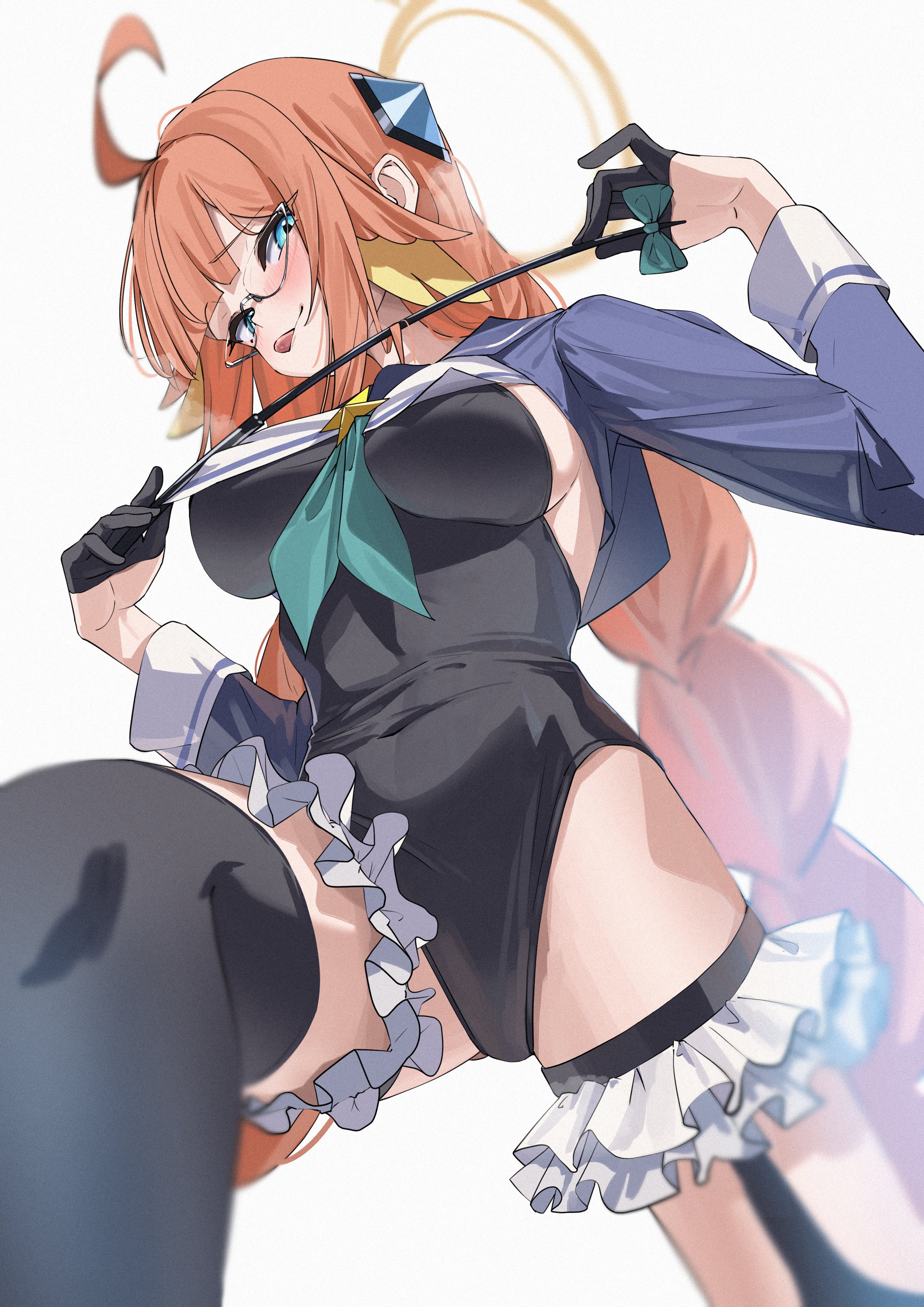 kazu (kauk3753), shimiko (blue archive), shimiko (magical) (blue archive), blue archive, absurdres, commentary request, highres, 1girl, :p, ahoge, black gloves, black leotard, black thighhighs, blue eyes, braid, breasts, brown halo, glasses, gloves, grey background, half gloves, halo, highleg, highleg leotard, large breasts, leotard, long hair, looking at viewer, official alternate costume, orange hair, simple background, single thighhigh, solo, standing, thighhighs, tongue, tongue out, twin braids, white background
