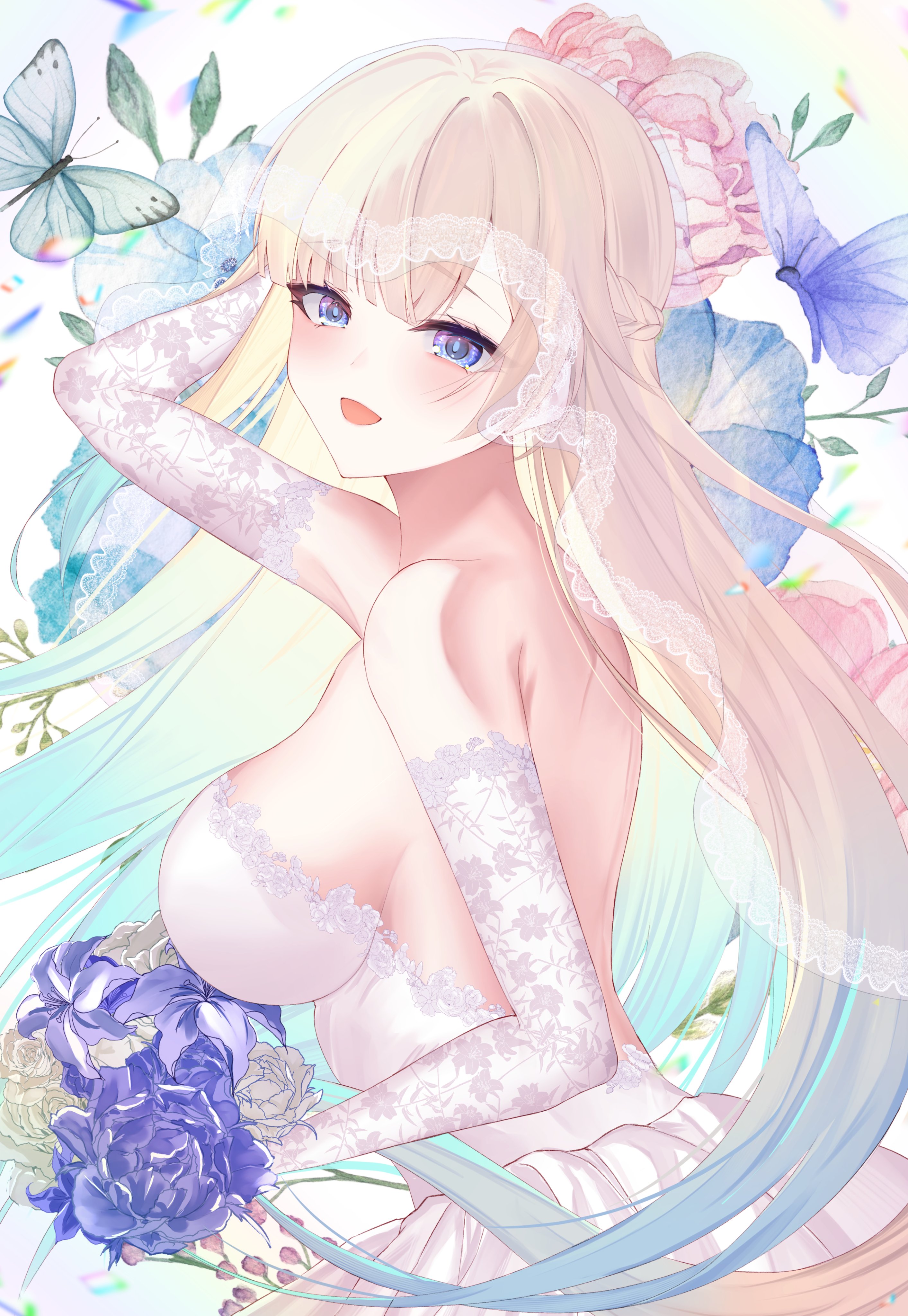 kaeha, aizawa ema, vspo!, absurdres, highres, 1girl, blonde hair, blue eyes, blue hair, braid, breasts, bug, butterfly, detached sleeves, dress, floral print sleeves, flower, gradient hair, insect, multicolored hair, open mouth, purple flower, purple rose, rose, smile, solo, veil, virtual youtuber, white dress, white flower, white rose, white sleeves