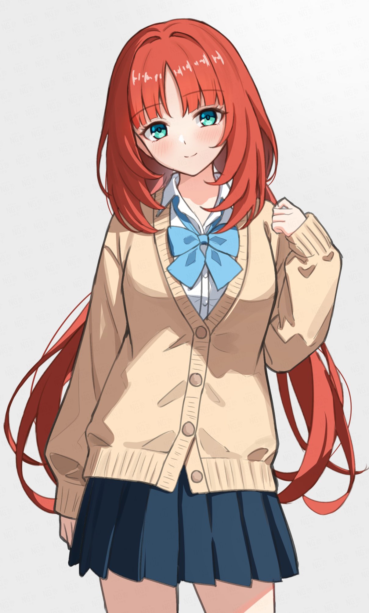 hobio, nilou (genshin impact), genshin impact, commentary, highres, 1girl, alternate costume, aqua eyes, arm at side, black skirt, blue bow, blue bowtie, bow, bowtie, brown cardigan, cardigan, closed mouth, collared shirt, contemporary, cowboy shot, grey background, hand up, long hair, long sleeves, looking at viewer, low twintails, pleated skirt, red hair, school uniform, shirt, simple background, skirt, smile, solo, twintails, white shirt