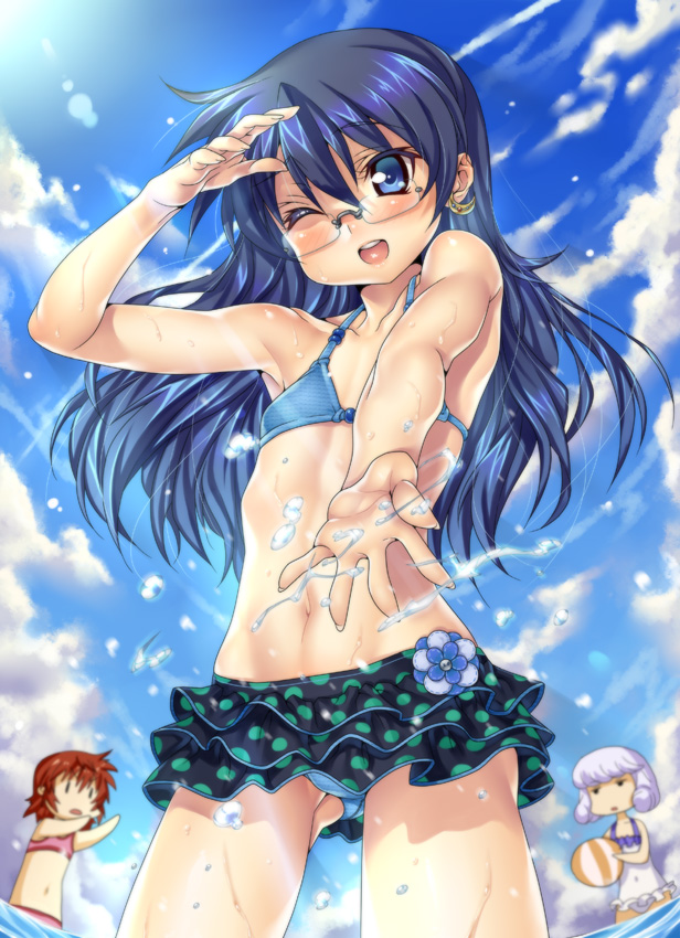 kink (tortoiseshell), akashi kaoru, nogami aoi, sannomiya shiho, zettai karen children, 00s, 3girls, armpits, ball, beach, beachball, bikini, blue eyes, blue hair, day, earrings, flat chest, from below, glasses, jewelry, multiple girls, one eye closed, outdoors, swimsuit, wet, wink, | |