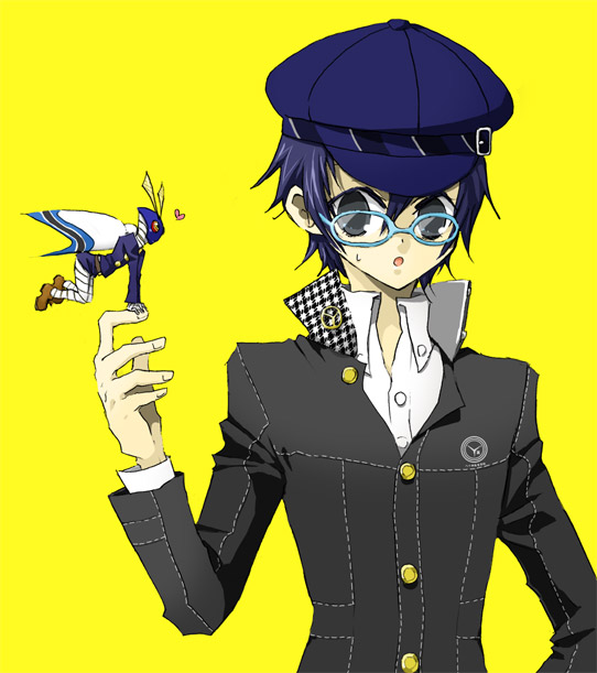 inu neko, inuneko (dcwn), shirogane naoto, sukuna hikona, atlus, persona, persona 4, 1girl, blue hair, buttons, glasses, hat, heart, newsboy cap, reverse trap, school uniform, short hair, simple background, yellow background