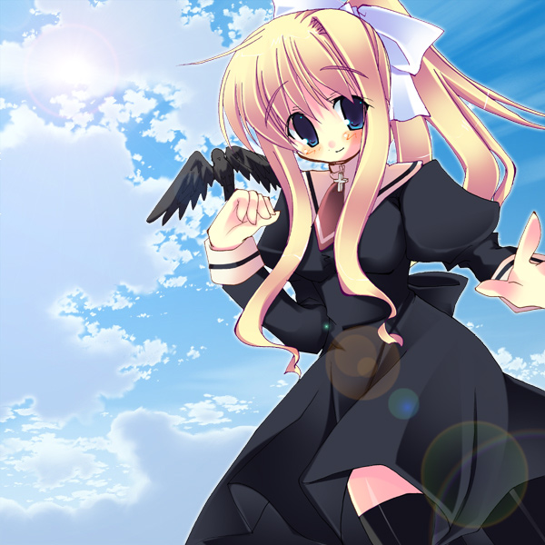yuuki tsubasa, kamio misuzu, sora (air), air (visual novel), 00s, 1girl, bird, bird on hand, blonde hair, cloud, crow, day, female focus, hair ribbon, long hair, ribbon, school uniform, sky, solo, thighhighs