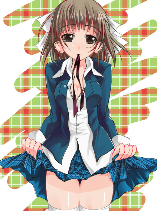 amatsuka hotaru, baby princess, 10s, 1girl, bob cut, breasts, brown eyes, brown hair, cleavage, clothes lift, dress shirt, female focus, hair ornament, miniskirt, mouth hold, plaid clothes, plaid skirt, pleated skirt, ribbon, school uniform, shirt, short hair, skirt, skirt lift, solo, standing, thighhighs, undressing, white thighhighs, zettai ryouiki