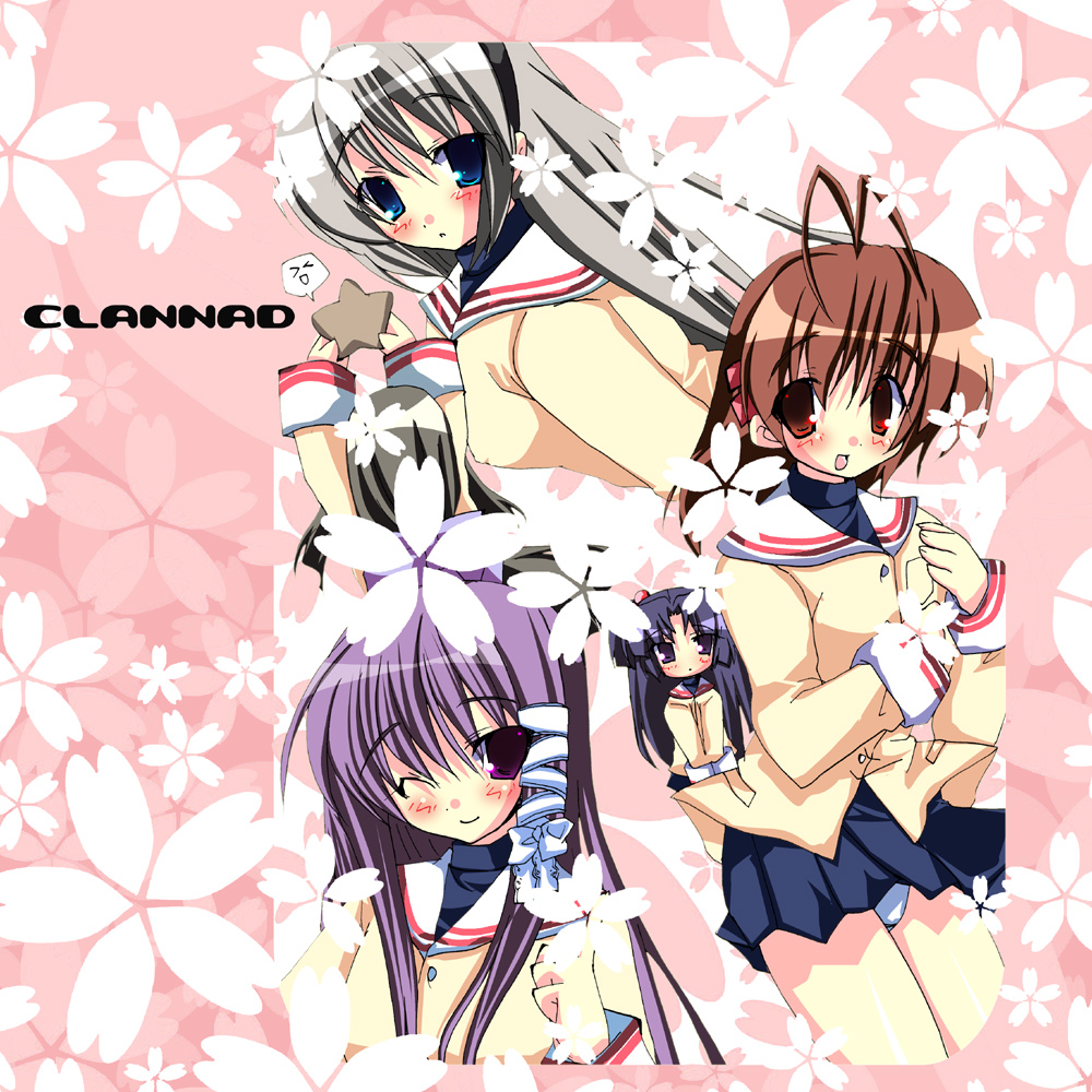 yuuki tsubasa, fujibayashi kyou, furukawa nagisa, ibuki fuuko, ichinose kotomi, sakagami tomoyo, clannad, 00s, 5girls, cherry blossoms, multiple girls, panties, pantyshot, school uniform, underwear