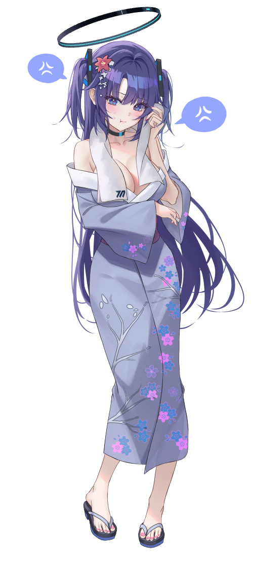 melt (melt out1), yuuka (blue archive), blue archive, commentary request, 1girl, anger vein, bare shoulders, black halo, blue eyes, blue kimono, breasts, cleavage, floral print, floral print kimono, full body, halo, japanese clothes, kimono, long hair, looking at viewer, mechanical halo, medium breasts, print kimono, purple hair, simple background, solo, spoken anger vein, standing, tabi, toes, towel, towel around neck, two side up, white background